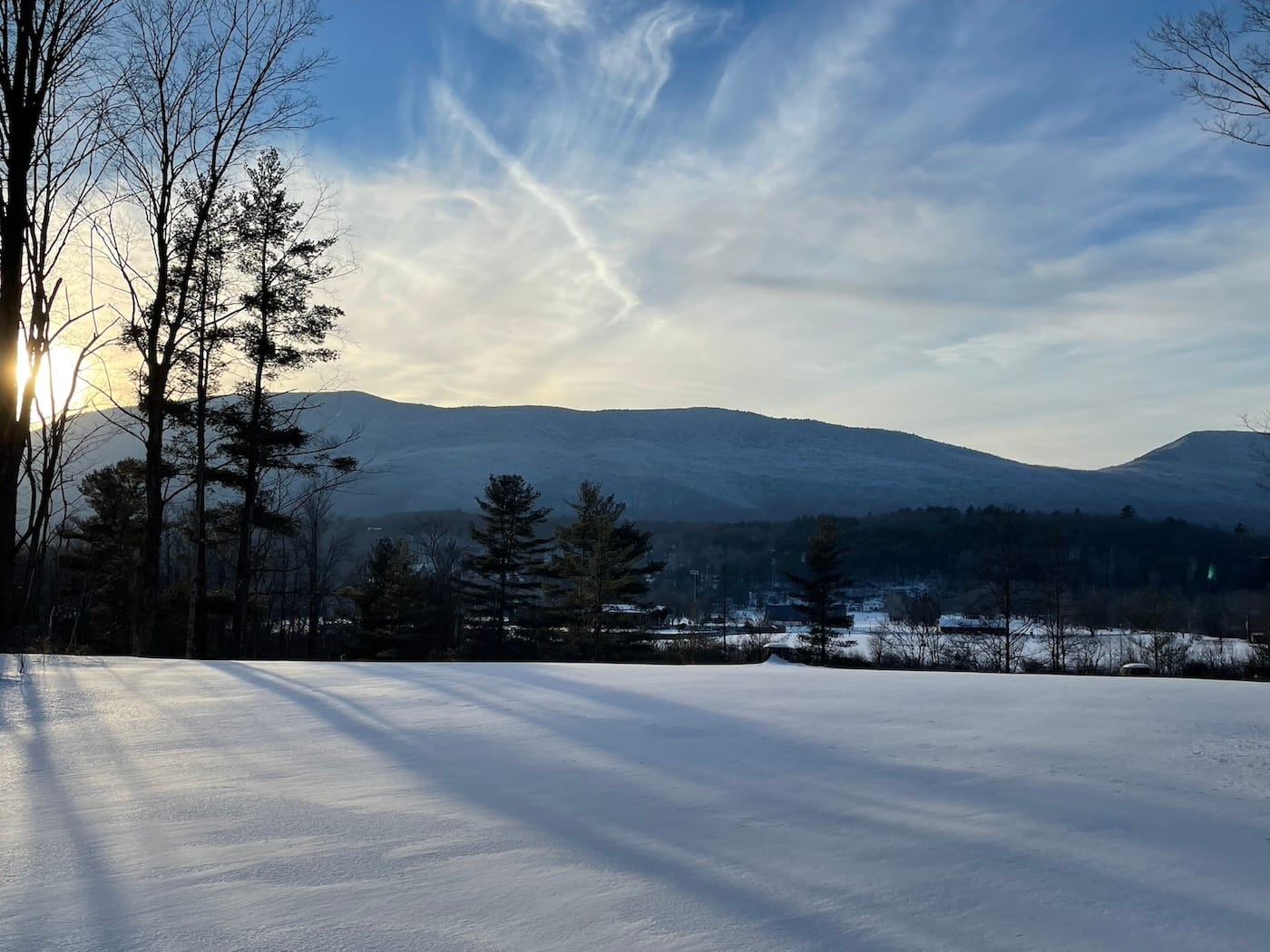 At sunrise, the snow-covered field with tree shadows stretches towards distant mountains under a blue sky, as serene and inviting as a Black Friday morning before the bustling crowds descend.