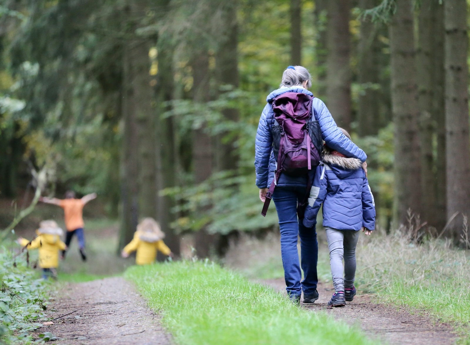 An adult and a child walk on a forest path, both wearing jackets and backpacks. Three children in yellow run ahead among the trees.